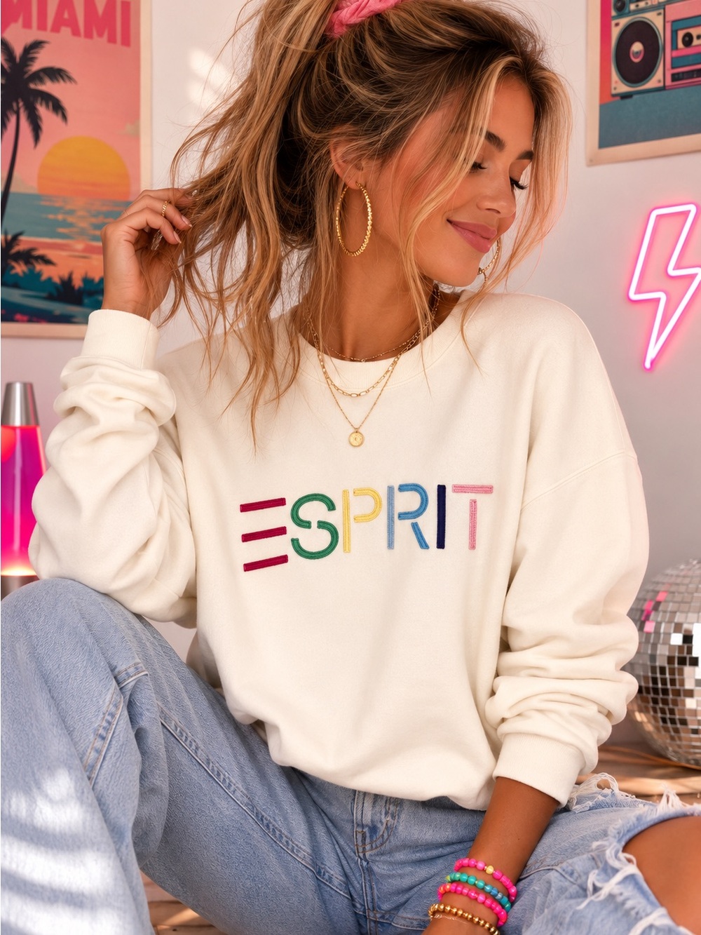 Esprit Retro 80s Cream Embroidered Rainbow Logo Viral Crewneck Sweatshirt XL NWT - Picture 14 of 14